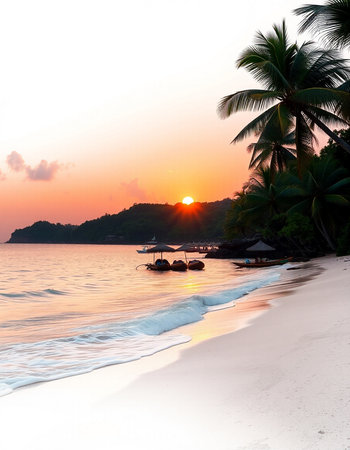Tropical beach with coconut palm trees at beautiful sunset. Thailandの写真素材