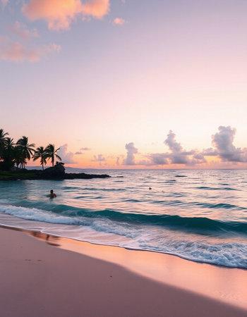 Beautiful sunset on the beach with palm trees and a man in the foregroundの写真素材