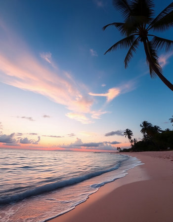 Tropical beach with palm trees at sunset, Seychellesの写真素材