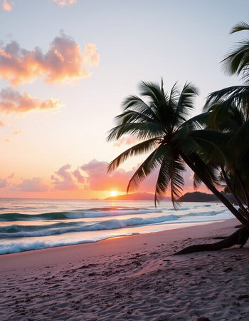 Beautiful sunset on the tropical beach with palm trees and sand.の写真素材