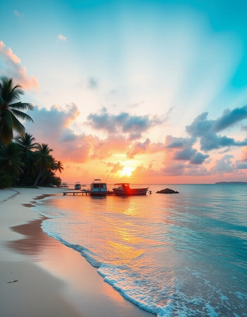 Beautiful sunset on the beach with a boat and palm trees.の写真素材