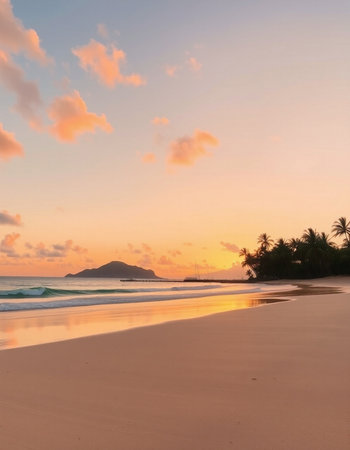 Tropical beach at beautiful sunset, Seychelles.の写真素材