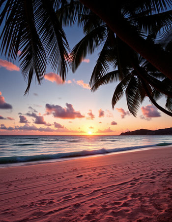 Tropical beach with palm trees at sunset, Seychellesの写真素材