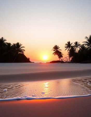 Tropical beach with coconut palm trees at sunset, Maldivesの写真素材