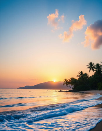 Beautiful tropical beach and sea with coconut palm tree at sunset time - Vintage Filterの写真素材