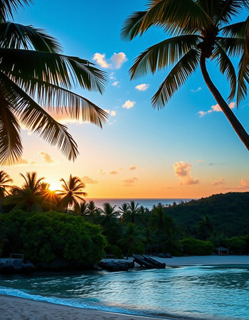 Beautiful tropical beach and sea with coconut palm tree at sunset time - Holiday Vacation conceptの写真素材