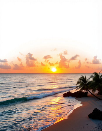 Beautiful sunset on the beach. Seascape with palm treesの写真素材