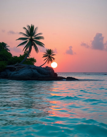 Tropical beach with palm trees at sunset, Seychellesの写真素材