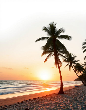 Tropical beach with palm trees at sunset, Seychellesの写真素材