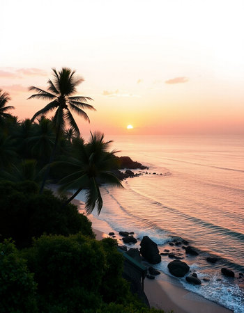 Sunset over the sea with coconut palm trees and rocks in the foreground