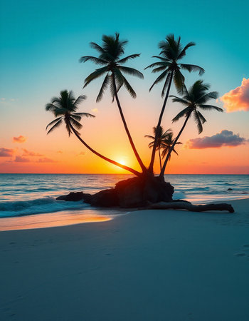 Palm trees on a tropical beach at sunset, Seychellesの写真素材