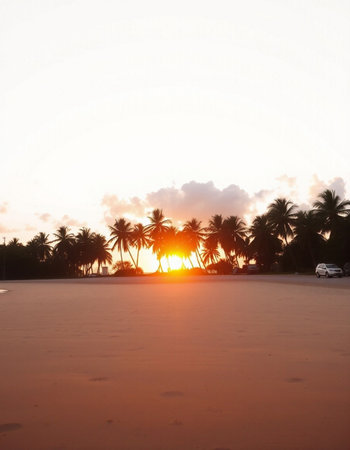 Beautiful sunset on the beach with coconut palm trees.の写真素材