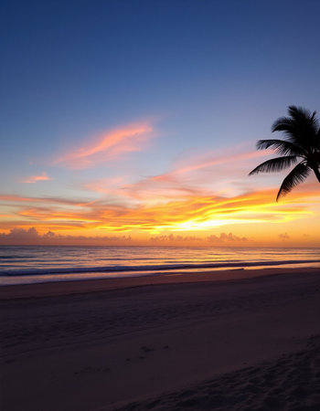 Tropical beach with palm trees at beautiful sunset. Nature backgroundの写真素材