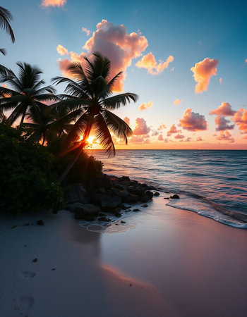 Beautiful sunset over the sea. Maldives island, Indian Ocean.