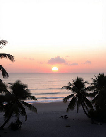 Palm trees on the beach at sunset in the tropics.の写真素材