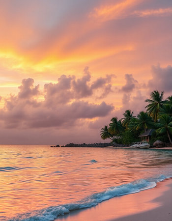 Tropical beach with palm trees at sunset, Sri Lanka.