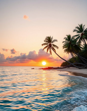 Beautiful tropical beach and sea with coconut palm tree at sunset timeの写真素材