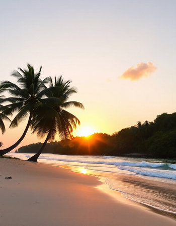 Beautiful sunset on the paradise tropical beach with palm trees and sandの写真素材