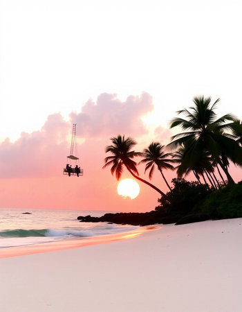 Beautiful sunset on the beach with palm trees.の写真素材