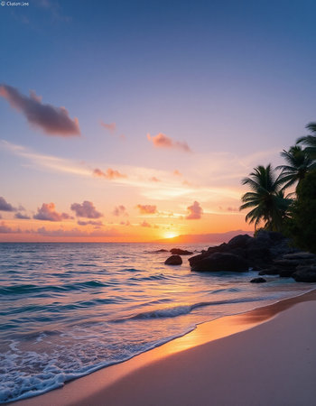 Tropical beach at beautiful sunset, Seychelles.の写真素材