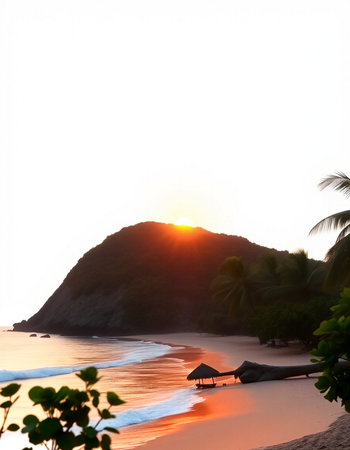 Beautiful tropical beach and sea with coconut palm tree at sunset timeの写真素材