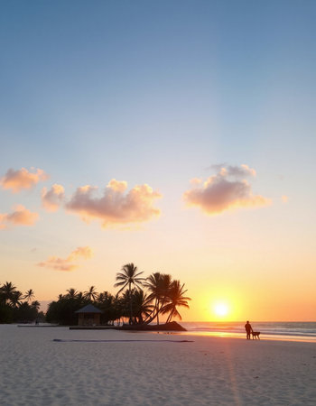 Palm trees on the beach at sunset in Zanzibarの写真素材