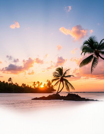 Beautiful tropical beach and sea with coconut palm tree at sunset time - Holiday Vacation conceptの写真素材