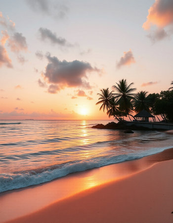 Palm trees on the beach at sunset. Tropical background. Copy space.の写真素材