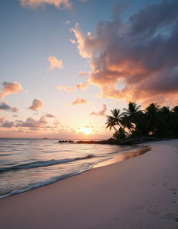 Palm trees on a tropical beach at sunset, Maldives.