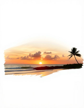 Tropical sunset on the beach with palm trees silhouettes.