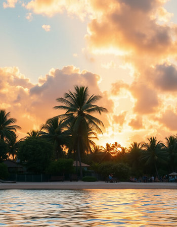 Beautiful tropical sunset on the beach with palm tree - Vintage Filterの写真素材