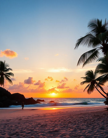 Tropical beach with palm trees at sunset, Seychellesの写真素材