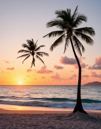Palm tree on a tropical island in the sea with a sunset