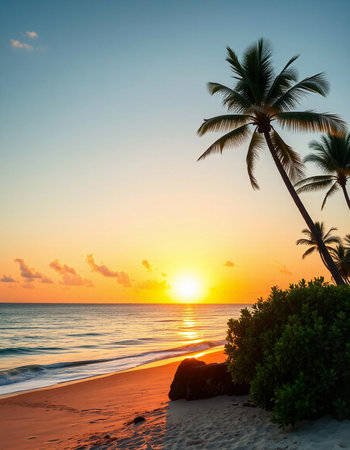 Tropical sunset on the beach with palm trees and beautiful skyの写真素材