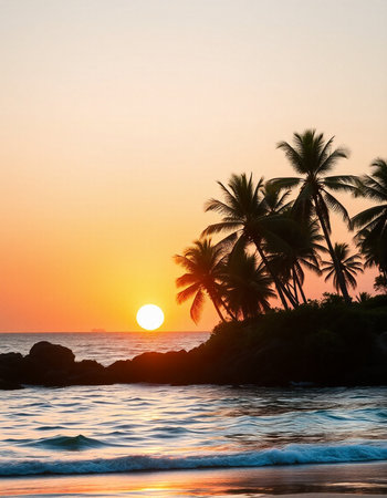 Tropical beach with palm trees at sunset.