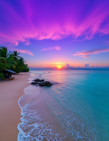 Beautiful sunset on the beach at Seychelles, Maheの写真素材