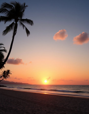 Sunset on the beach with palm trees silhouetted by the waves