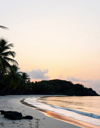 Sunset on the beach with palm treesの写真素材