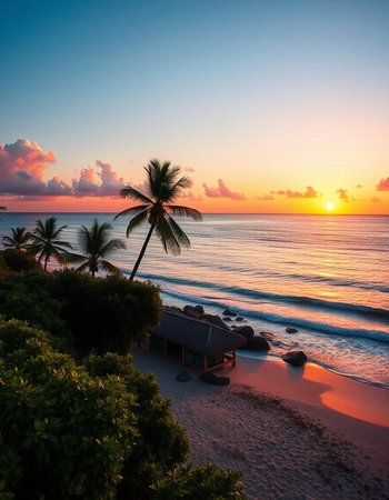 Beautiful sunset on the beach with palm trees and bungalows