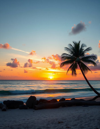 Beautiful tropical sunset on the beach with palm trees and rocks.の写真素材