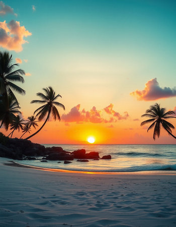 Beautiful tropical beach and sea with coconut palm tree at sunset time - Vintage Filterの写真素材
