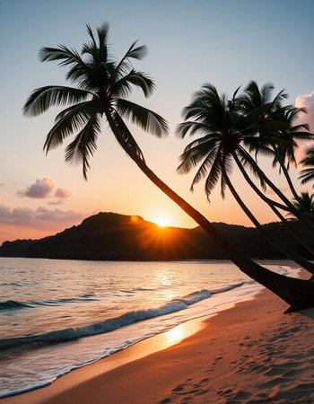 Tropical beach with coconut palm trees at sunset, Seychellesの写真素材