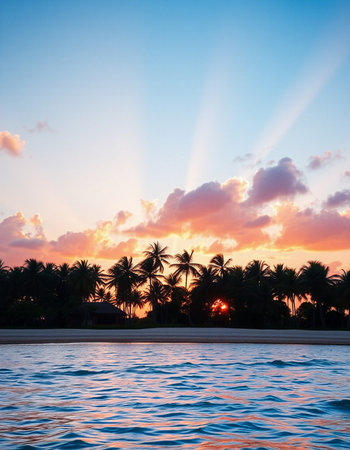 Beautiful sunset in the tropics with palm treesの写真素材