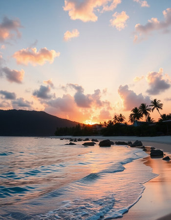Tropical beach at sunset, Seychelles, Mahe