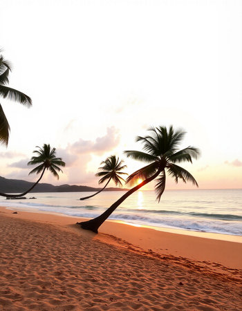Palm trees on the beach at sunset, Seychellesの写真素材