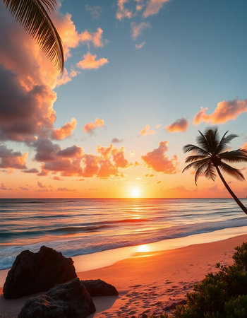 Beautiful tropical beach and sea with coconut palm tree at sunset time