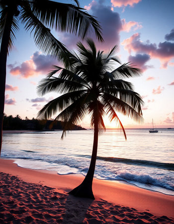 Palm tree on the beach at sunset. Beautiful nature background.の写真素材