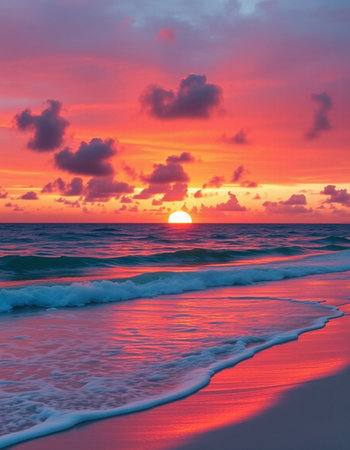 Beautiful sunset on the beach. Colorful sky and ocean.