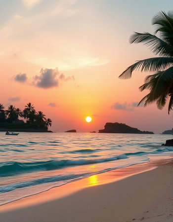 Beautiful tropical beach and sea with coconut palm tree at sunset time - Vintage Filterの写真素材