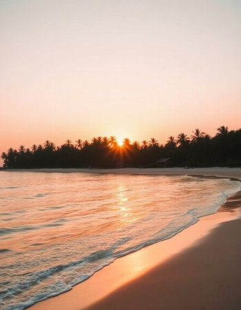 Beautiful sunset on the beach with coconut palm trees in the backgroundの写真素材